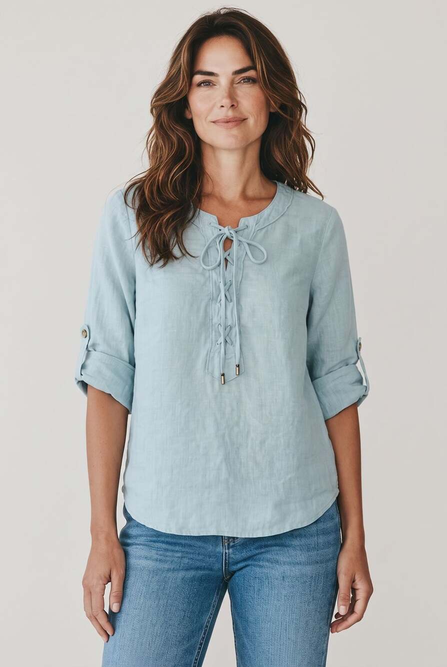 Maeve Anthropologie Linen Blouse Size 0P Light Blue Lace-Up Top